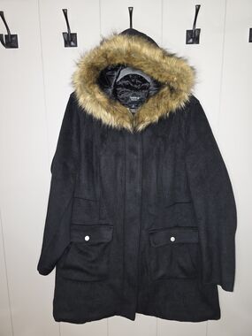 Torrid Black Hooded Faux Fur-Trim Fit And Flare Wool Blend Coat Size 2